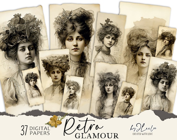 RETRO GLAMOUR paper craft supplies | junk journal elements vintage | ephemera diary mixed media tag label cards printable | CU DiY | cl160