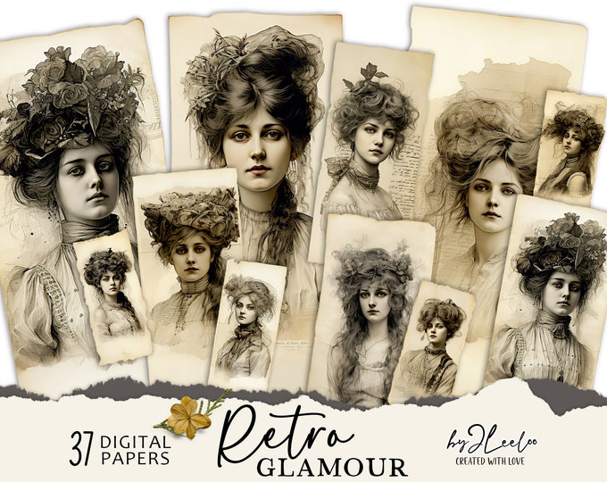 RETRO GLAMOUR paper craft supplies | junk journal elements vintage | ephemera diary mixed media tag label cards printable | CU DiY | cl160