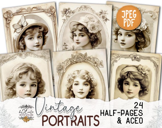 VINTAGE PORTRAITS half pages Aceo printable | Junk Journal Children Vintage supplies | Ephemera Victorian romantic collage diary | pp863