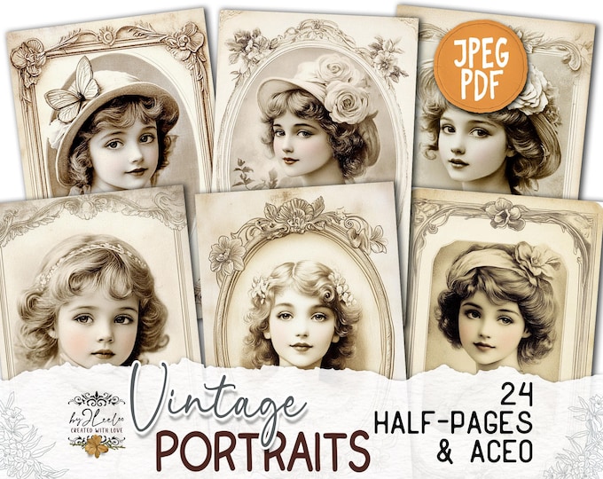 VINTAGE PORTRAITS half pages Aceo printable | Junk Journal Children Vintage supplies | Ephemera Victorian romantic collage diary | pp863