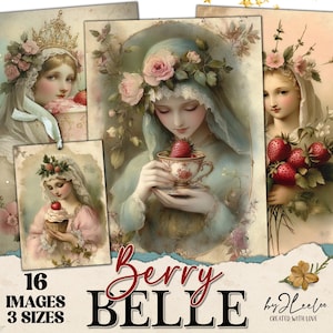 BERRY BELLE 3 tailles | vintage illustration imprimable de journal de bordel de carte de fraise | Carte postale romantique de printemps | Fabrication de cartes Scrapbook | p919