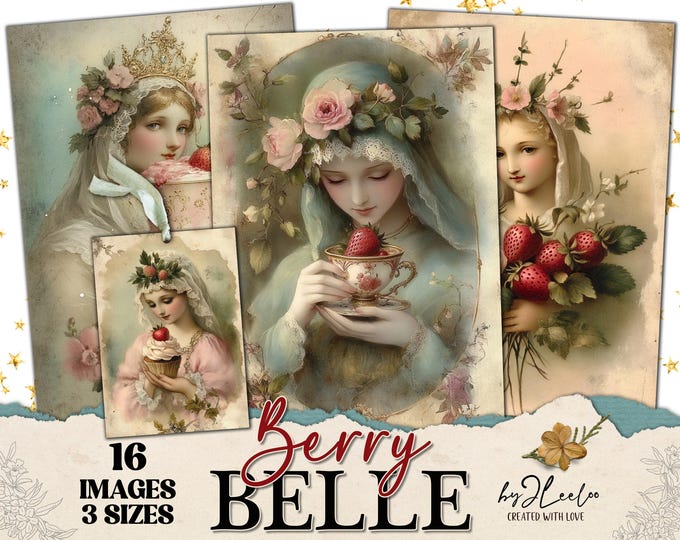 BERRY BELLE 3 sizes | vintage Strawberry card junk journal printable illustration | Spring romantic postcard | Card making Scrapbook | pp919