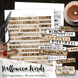 Etykiety HALLOWEEN WORDS do wydrukowania | junk journal Straszny gotycki wystrój imprezy | obrazy kolekcja kolaży cyfrowych sztuka słowa Użytek komercyjny | pp527