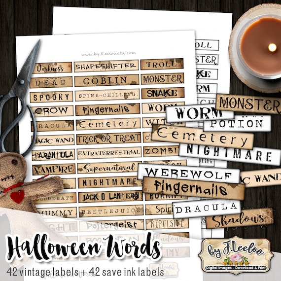 HALLOWEEN WORDS labels printable | junk journal Scary gothic decor party | images digital collage collection word art Commercial Use | pp527