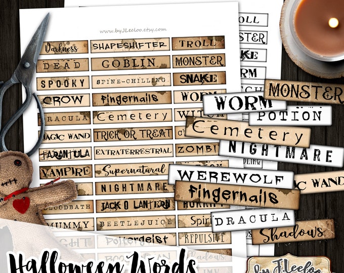 HALLOWEEN WORDS labels printable | junk journal Scary gothic decor party | images digital collage collection word art Commercial Use | pp527