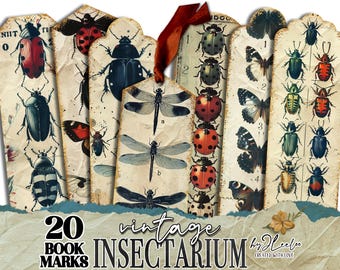 May include: Set of 20 vintage bookmark designs featuring various insects, including butterflies, dragonflies, beetles, and ladybugs. The bookmarks are printed on a cream-colored background with black and white accents.