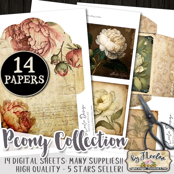 PEONY COLLECTION junk journal supplies | envelopes tags pocket labels | flower shabby chic diary paper craft art   | pp591