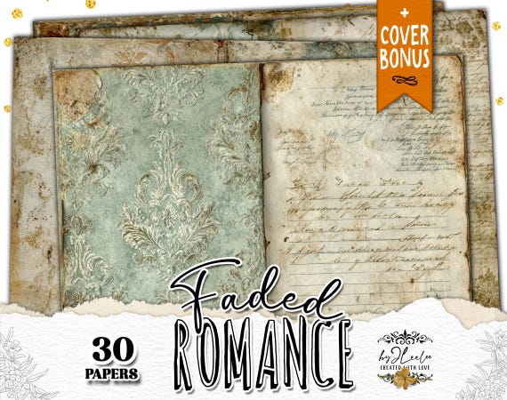 FADED ROMANCE Vintage Double Journal Pages, Shabby Damask Papers, Aged Handwritten Backgrounds, Printable Junk Journal Kit | ppK71