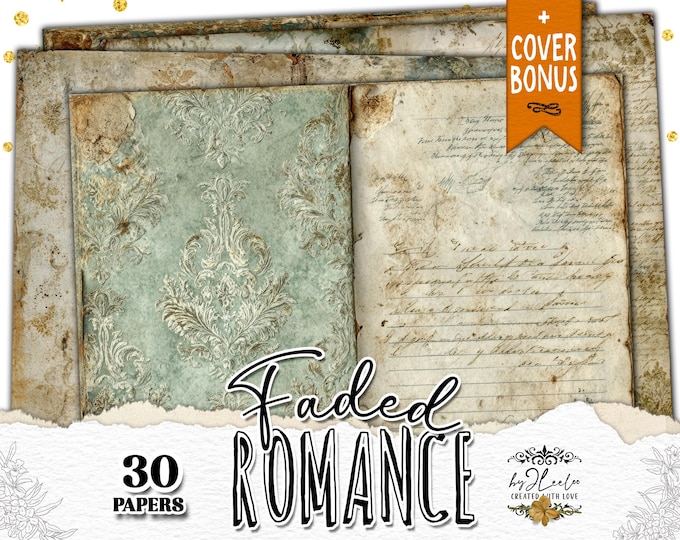 FADED ROMANCE Vintage Double Journal Pages, Shabby Damask Papers, Aged Handwritten Backgrounds, Printable Junk Journal Kit | ppK71