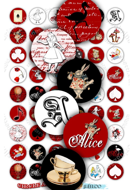 Digital collage sheet  ALICE 1 inch circle wonderland black red for pendant magnet and craft instant download printable download tn106