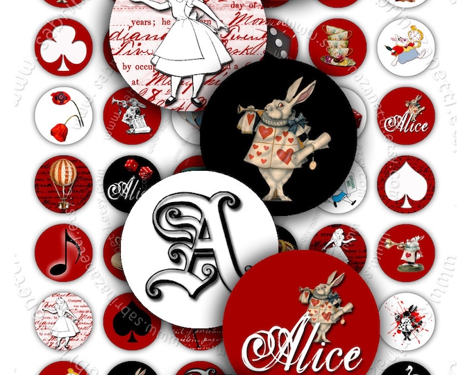 Digital collage sheet  ALICE 1 inch circle wonderland black red for pendant magnet and craft instant download printable download tn106