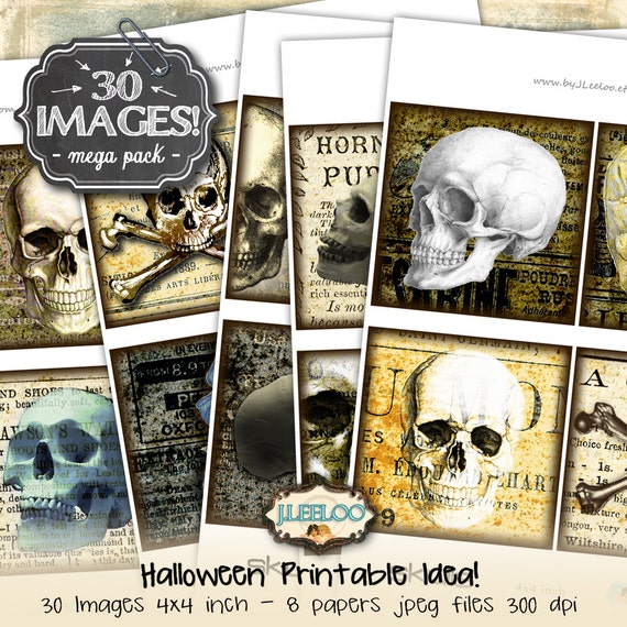 SKULLS 4x4 inch square printable for coaster jewelry holder hang tags invitations party instant download digital collage sheet- qu462