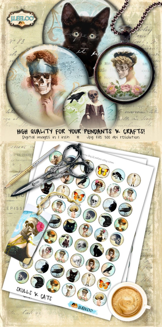 SKULLS AND CATS 1 inch circle gothic dia de los muertos printable pendant bottle caps bezel trays magnets digital collage sheet tn386
