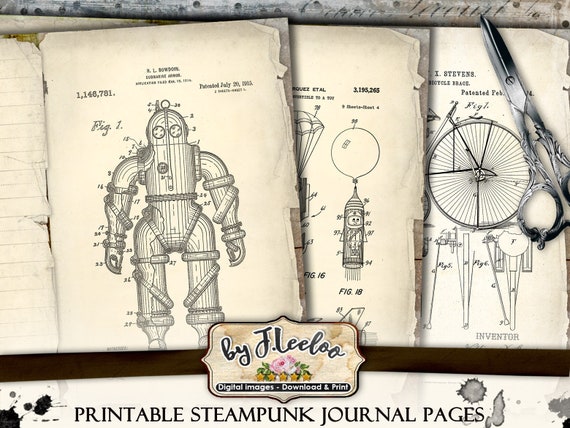 Printable JOURNAL PAGES steampunk papers 8.5x11 inch diary junk journal ephemera patent kit instant download pp469
