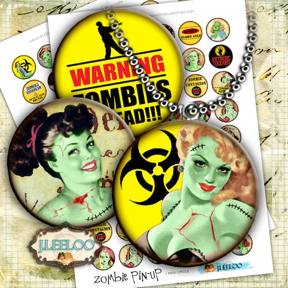 ZOMBIE PIN UP Digital Collage Sheet 1 inch size circle images for pendants bottlecaps bezel settings paper craft downloads printable tn440