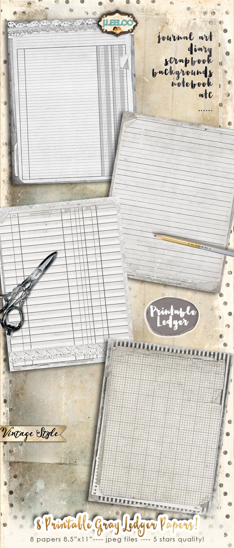 GRAY LEDGER 8 Digital Papers Journal Scrapbook Diary Art Etsy