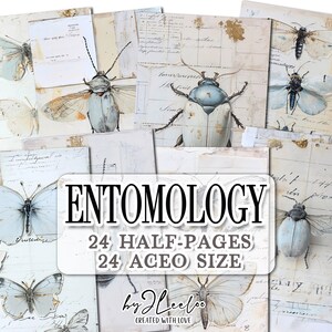 ENTOMOLOGIA pół strony do druku | dziennik śmieciowy Mieszane media Aceo supplies | Zniszczone romantyczne brudne kartki papierowe kolaż dziennik | pp705