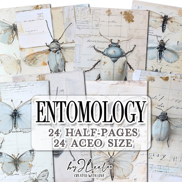 ENTOMOLOGY half pages printable | junk journal Mixed Media Aceo supplies | Distressed romantic dirty paper card making collage diary | pp705