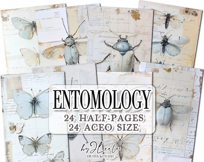ENTOMOLOGY half pages printable | junk journal Mixed Media Aceo supplies | Distressed romantic dirty paper card making collage diary | pp705