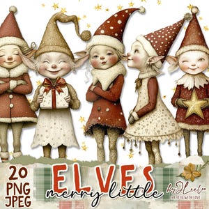 May include: Four Christmas elves with red and white hats, red and white outfits, and various accessories. The elves are standing on a white background with gold stars. The text "20 PNG JPEG" and "ELVES merry little" is at the bottom of the image.