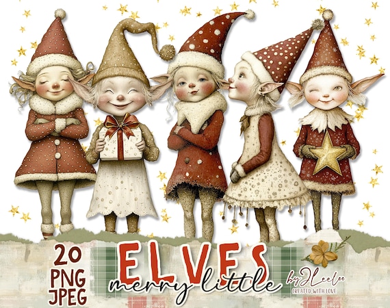 MERRY LITTLE Elves 20 Paper Dolls Printable PNG & Jpeg | Christmas Elf Clip Art | Junk Journal Label Tags | Fussy Cut Cricut Art | cl189