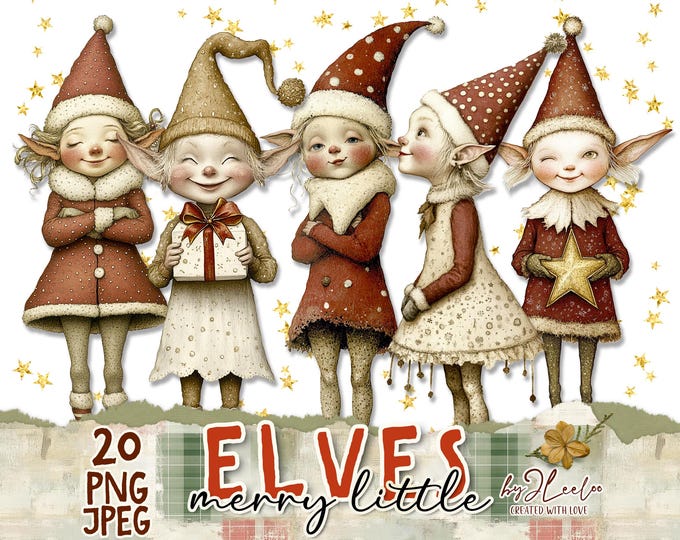 MERRY LITTLE Elves 20 Paper Dolls Printable PNG & Jpeg | Christmas Elf Clip Art | Junk Journal Label Tags | Fussy Cut Cricut Art | cl189
