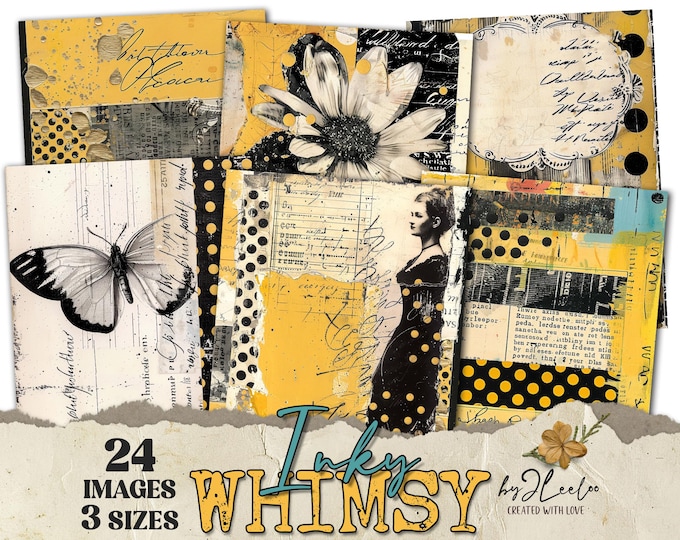 INKY WHIMSY 24 background 3 Sizes | Yellow Junk Journal Collage Pages | Backdrop quirky papers | scrapbook digital | Commercial Use | pp928