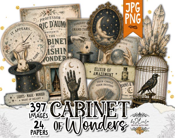 CABINET OF WONDERS Victorian Magic Show Printable, Vintage Ephemera, Junk Journal Kit, Magic Clipart, Labels, PNGs ppK75