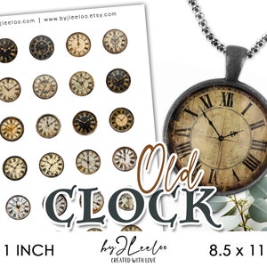 May include: A set of 25 printable 1-inch round stickers featuring vintage clock faces with Roman numerals. The stickers are perfect for adding a touch of rustic charm to planners, journals, and other craft projects.