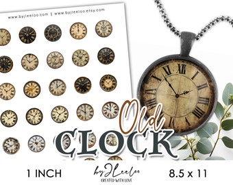 OLD CLOCK 1 inch printable | Vintage supplies for round resin pendants charm pin magnet sticker | clock face digital Ephemera grunge | tn770