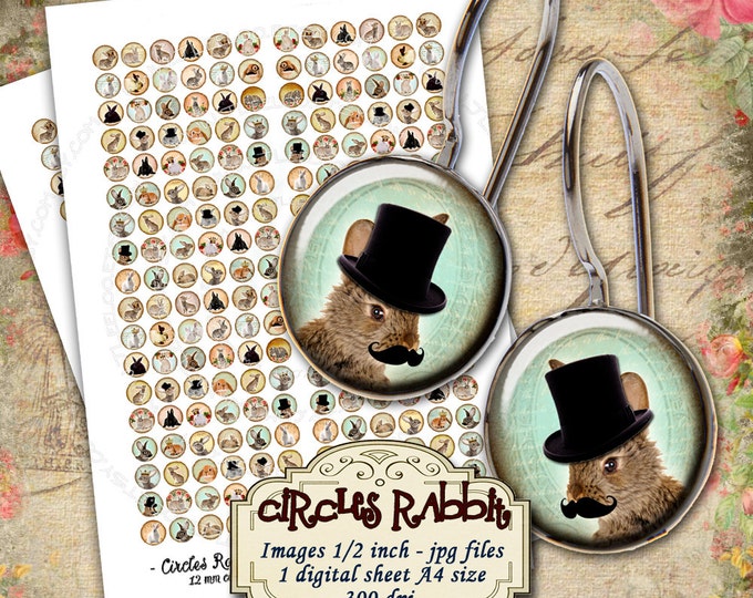 Digital collage sheet CIRCLES RABBIT 12mm circle images earring size rabbit top hat mustache digital jewelry instant download tn265