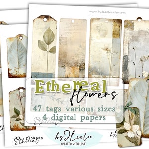 ETHERISCHE BLOEMEN benodigdheden voor afdrukbare tags | Verontrust vintage efemere junkjournaal met grunge | afbeeldingen digitale collage gedempte kleuren | tl272