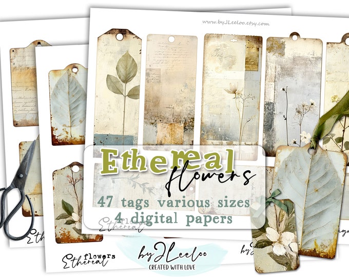 ETHEREAL FLOWERS printable tags supplies | Distressed grunge vintage ephemera junk journal | images digital collage muted colors | tl272