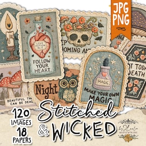 Puede incluir: Una colección de ilustraciones digitales estilo bordado con motivos góticos y místicos, incluyendo un corazón en una botella, una calavera con flores, un búho, setas y un ataúd, todos enmarcados con bordes decorativos de encaje festoneado.