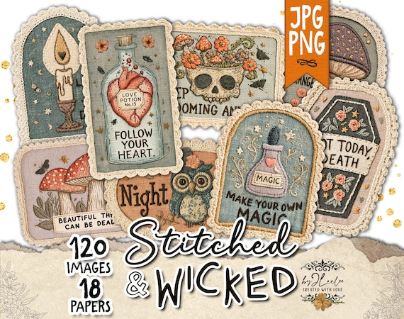 Halloween Clipart, Stitched Fabric Patches, Witchy Ephemera, Folk Art Halloween, Junk Journal Fussy Cuts, Scrapbook Embellishments | tl391