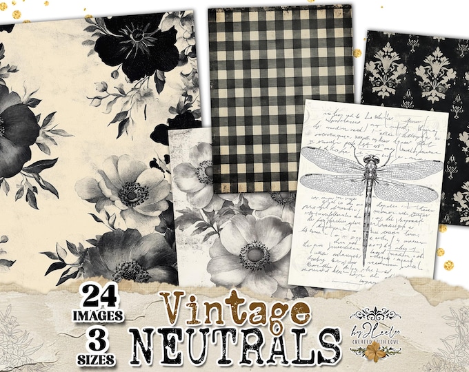 VINTAGE NEUTRALS 24 Backgrounds 3 Sizes | Black & White Floral, Grunge Textures, Stripes, Gingham, Antique Papers | Commercial Use | pp954