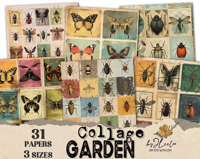 GARDEN COLLAGE 24 papers 3 Sizes | Digital Entomology Garden Printable Set, Insect Junk Journal Labels,  scrapbooking Commercial Use | pp843