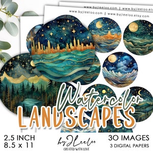 水彩風景 2.5 インチ 星空 円 印刷可能 | ボトル キャップ ステッカー ペンダント ピン バッジ マグネット ミラー | グラフィック デジタル コラージュ | tn725