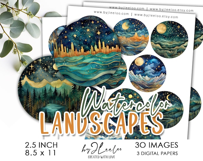 WATERCOLOR LANDSCAPE 2.5 inch starry circle printable | bottle cap sticker pendant pin badge magnet mirror | graphic digital collage | tn725
