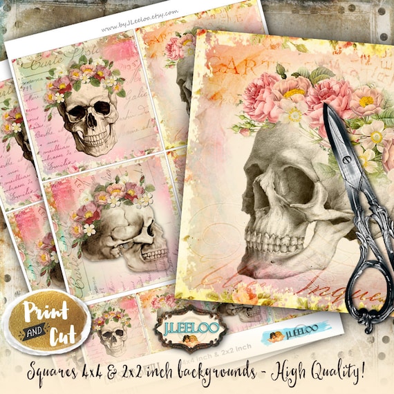 Digital collage COASTER SKULL dias de los muertos square hang tags labels coaster printable instant download background papers qu501