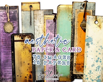 Puede incluir: Una colección de 75 imágenes digitales de papel y tarjetas en un estilo estético. Las imágenes presentan una variedad de texturas y colores, incluyendo dorado, marrón, morado y azul. El texto "aesthetic paper & card" está escrito en una fuente decorativa.