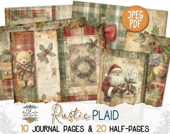 RUSTIC PLAID Junk Journal Christmas Pages printable | Cozy Cottage vintage | Rustic Folk Kit scrapbook December Antique Paper Craft | pp891