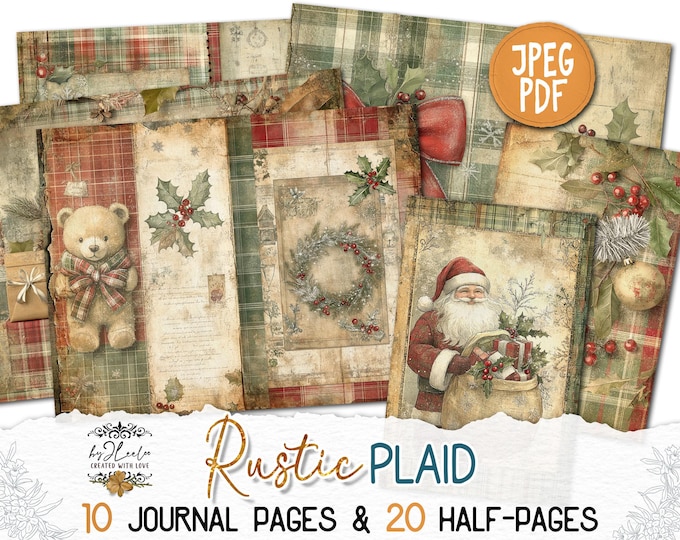 RUSTIC PLAID Junk Journal Christmas Pages printable | Cozy Cottage vintage | Rustic Folk Kit scrapbook December Antique Paper Craft | pp891