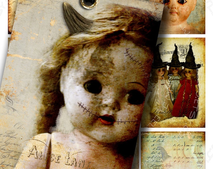 CREEPY DOLLS atc aceo size printable Digital collage sheet gothic for diary scrapbook old book script jewelry holder paper craft ac263