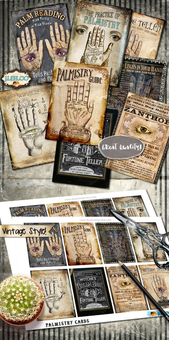 PALMISTRY CARDS printable aceo gipsy halloween scrapbook greeting cards hang tags Digital collage sheet instant download vintage ac296