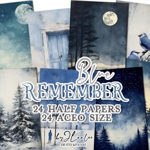 BLUE REMEMBER pół strony zima do druku | dziennik śmieciowy materiały do mieszanych technik | druk cyjanotypowy tworzenie kart kolaż dziennik artykuły piśmiennicze | pp671