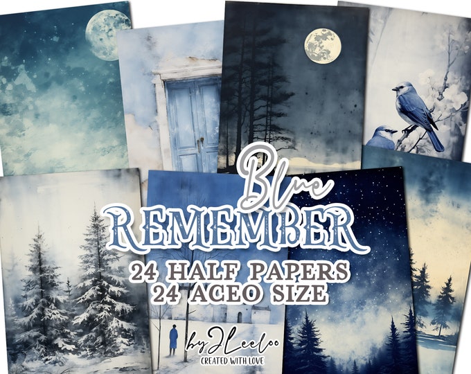 BLUE REMEMBER half pages winter printable | junk journal Mixed Media supplies | Cyanotype print card making collage diary stationery | pp671