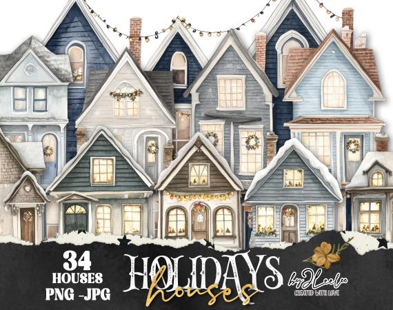 HOLIDAYS HOUSES PNG Christmas Winter paper craft  Clipart | junk journal elements vintage | mixed media printable | commercial use | cl185