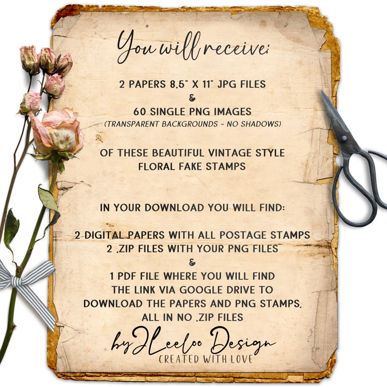 K&ouml;nnte beinhalten: Ein Bild im Vintage-Stil mit einem Text&uuml;berlagerung, der einen digitalen Download von 60 floralen Fake-Stempeln beschreibt. Das Bild enth&auml;lt eine Schere, einen Strau&szlig; getrockneter Rosen und ein dekoratives Band.