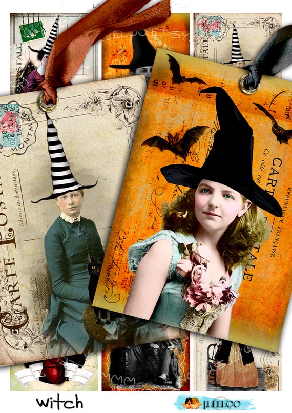 WITCH printable aceo size Digital collage sheet black cat crow halloween scary gothic instant download printable scrapbook ac265